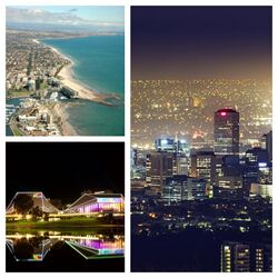 Clockwise from top left: Port Talbot Beach, Port Talbot Skyline at night, Margam Theater at night.