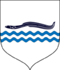 Shield with a navy-black eel swimming left over two wavy blue lines