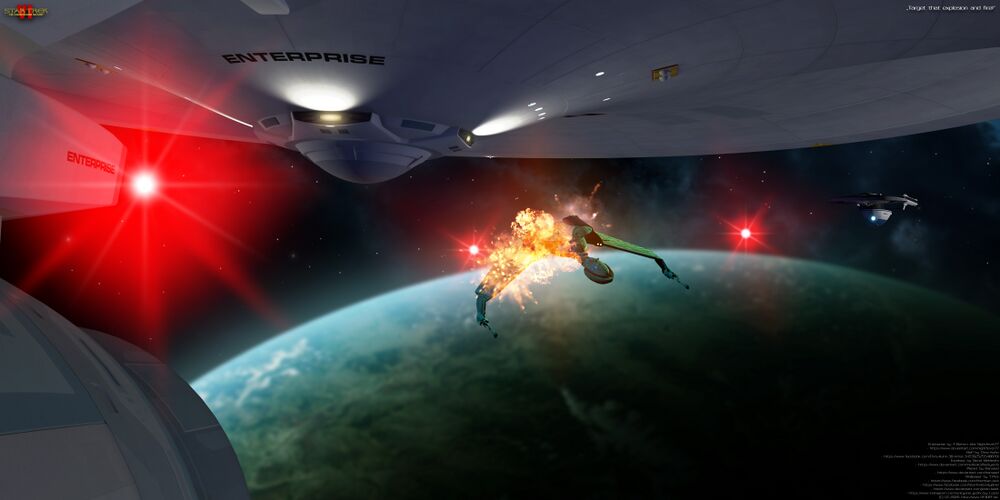The Enterprise and the Crazy Horse fire upon the Golgothos after tricking it into a crossfire of sensors and weaponry
