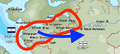 1100s — Map with event(s) for this period. Qubdi blue; ally black; enemy red.