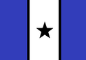 A 2:3 Tricolor Flag. The left and right segments are blue, while the middle is white. The white and blue are separated by two black lines. A black five-pointed star sits in the middle of the white.