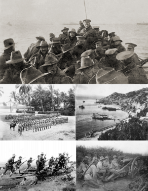 A collection of photographs from the campaign. From top and left to right: Aswickan soldiers on a boat approaching "A" Beach; Exponent soldiers on parade; Aswick Cove; Aswickan soldiers charging; An Exponent position.