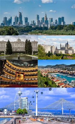 Clockwise from top left: Downtown Kynnport; White Palace of Alecburgh; Xavier St. Martin Marina; the Kynnport Interior Seawalk; National Theatre and Opera of Kynnport; Parliament of Alecburgh