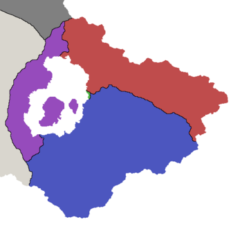 Red: Itrean League; Blue: Icetian League; Purple: Taveran Kingdom; Green: City of Ilia