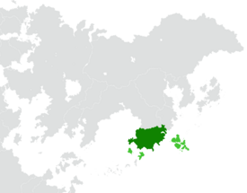 Territory controlled by the Huang dynasty is shown in dark green; territory claimed but not controlled is shown in light green.