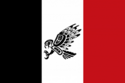 Vertical tricolor (black, white, red) with a black eagle in the center of the white.