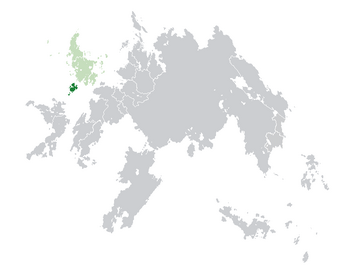Location of  Glitter/Crethia  (dark green) in the Hallic Commonwealth  (green)