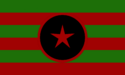 4 red stripes within a forest green background, in the middle is a black circle with a red outline and a red star.