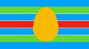 a flag with 4 blue stripes, 2 green stripes, and 1 red stripe, with a giant gold egg in the middle.