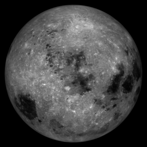Full Moon in the darkness of the night sky. It is patterned with a mix of light-tone regions and darker, irregular blotches, and scattered with varying sizes of impact craters, circles surrounded by out-thrown rays of bright ejecta.