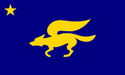 The Foxtian flag features a blue background with the nation's emblem, a running fox, in yellow. There is a yellow star in the upper left.