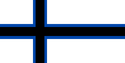 A black nordic cross on a field of white, with cobalt blue fimbration