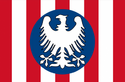 Vertical stripes (9 stripes alternating red-white) with a white eagle in the center of a blue circle.