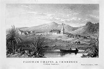 19th century engraving of a chapel in a mountainous landscape