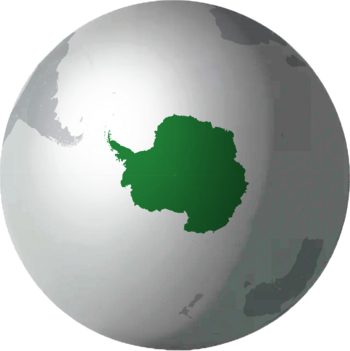 Location of Antarctica (in dark green) on the globe centred on the South Pole