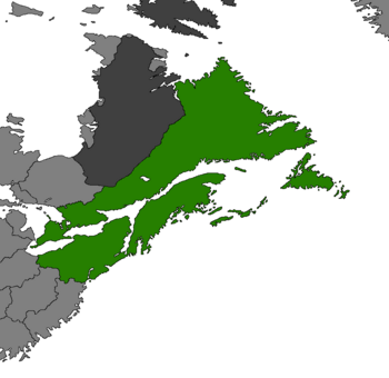 Norumbega (green) in Merica, circa 2319. Nation-States in light gray, neutral or unclaimed zones in dark gray.