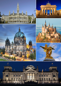 Clockwise from top right: Victory Gate, the Hochkronstein, Reichsrat, Skyline of central Königsreh, St.Lorenz Cathedral, Royal Palace