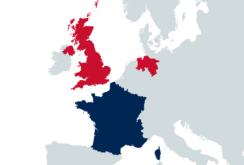 Red denotes the United Kingdom while Blue denotes the French Republic