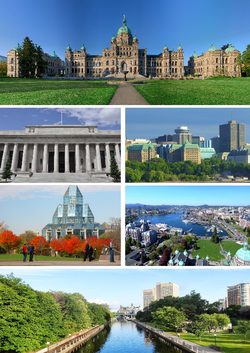 From top, clockwise: the People's Hall, downtown New Rayenne, the Bouhier docks, the MacCearnaigh Waterway, National Museum of Cassien Culture, the Supreme Court of Cassier