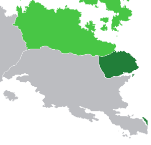 Alscia (dark green) within the Cacertian Empire (light green); map does not include TACS
