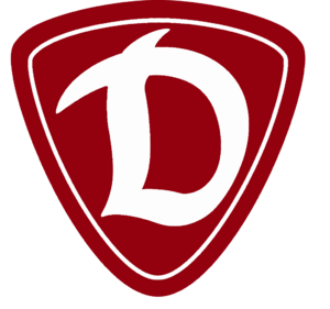 A large "D" sits inside a burgundy pick-shaped logo.