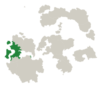 The nations of Esthursia, with Osynstry taking up the mainland south and south-east.