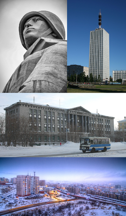 Clockwise from top: Tomb of the Unknown Soldier Monument, Yelan Commercial Tower, Nizhnebersutsk City Council Building, central Nizhnebersutsk at the intersection of DZ-1 and Luginska Street