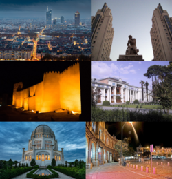 Clockwise, from the top right: The Azayr Towers, the House of Deputies, the Seven Stars Plaza, the Grand Mithraeum, the Skadanshah-Kala Outer Walls, and a night view of the city as seen from the Citadel.