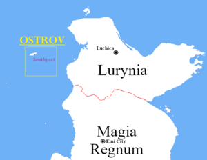 Ostrov is an island in Sparkalia. It is located west of Lurynia, which is in the north of the continent of Dacia. Lurynia is comparatively much larger than Ostrov.