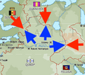 1300s — Map with event(s) for this period. Qubdi blue; ally black; enemy red.