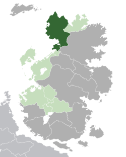 Location of  Valkea  (dark green) – in Lorecia  (light green & dark grey) – in the Lorecian Community  (light green)