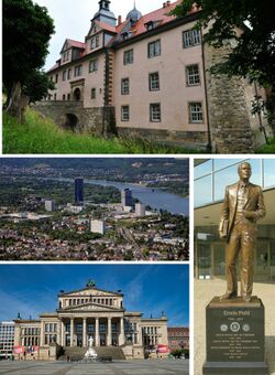 Clockwise, from above: Garnsberg Castle, Erwin Pohl statue, Melmingian city theater, skyline of Melmingia