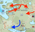 700s — Map with event(s) for this period. Qubdi blue; ally black; enemy red.