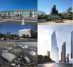 From top to bottom starting at left, Adrika Palace, Senate Building, Imperator Stadium Grounds, Statue of Adrika I, Slavia Tower