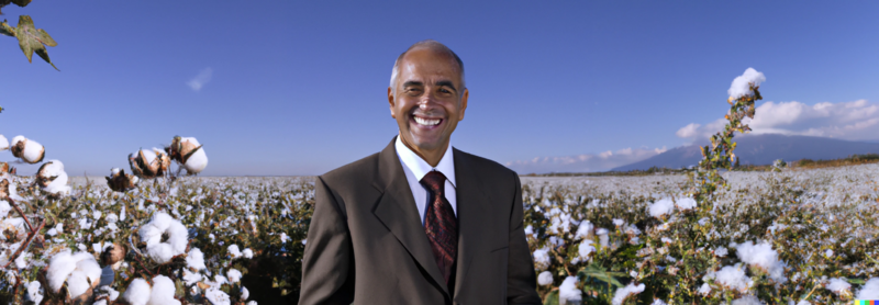 File:DALL·E 2023-01-08 14.54.03 - perfect face and perfect picture, high-res picture of a North African man, in his sixties, in a suit, in front of a cotton field, clear blue sky with.png