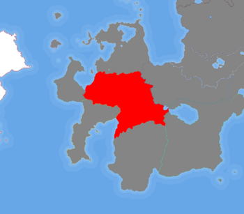 Location of the Kingdom of Gratiskov (red) in Thrismari (grey)