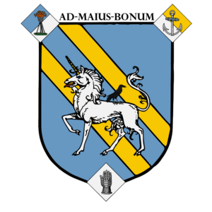 The Coat of Arms is a light blue shield with two diagonal golden stripes crossing it from the top left to the bottom right corner. The three sharp corners of the shield are covered with diamonds, featuring a torch (top left corner), an anchor (top right corner) and a knight's hand (bottom centre). In the centre of the main shield there is a white unicorn with a golden horn, on top of whose back sits a black raven.