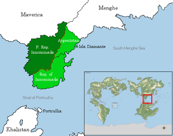Location of the People's Republic of Innominada in Septentrion. Dark green: controlled areas. Light green: claimed areas. Red: demilitarized zone.