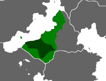Historical Lushyodor Kingdom in dark green, the Medenzag in green, and territorial expansions after the Ikonkivoyra in light green