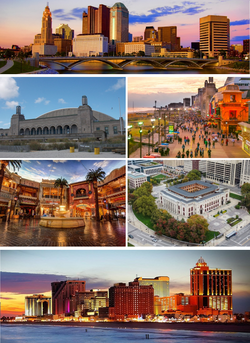 Clockwise from top: Downtown skyline, Vehemens City Boardwalk, City Hall, the Strand, Tropico Shopping Mall, and the Vehemens City Convention Center