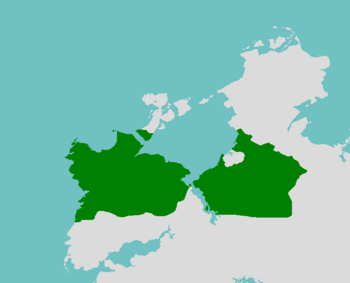 Location of Mesoland (dark green) on the continent of Ixalia in Astyria (grey)
