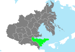 Location of Balhae Province in Zhenia marked in green.