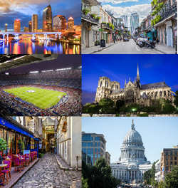 Clockwise from top left: Skyline of Tregueux; Ossinia Quarter; St. Barkley Cathedral; Tregueux City Hall; Backstreet Bistros; Tregueux FC Stadium