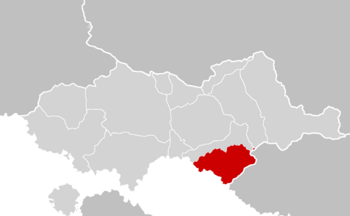 The location of the People's Republic of Pulezh (in red) shown with the rest of Aurivizh (in gray).