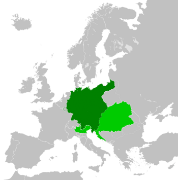 The territory of the German Federation throughout its existence. Austrian-controlled lands outside the federation are shown in light green.