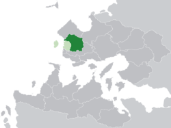 Location of Zha'tar (dark green) in Hysera (light green) and Trellin (dark grey)