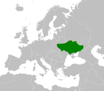 Location of Ukraine (dark green) in Europe (dark gray)