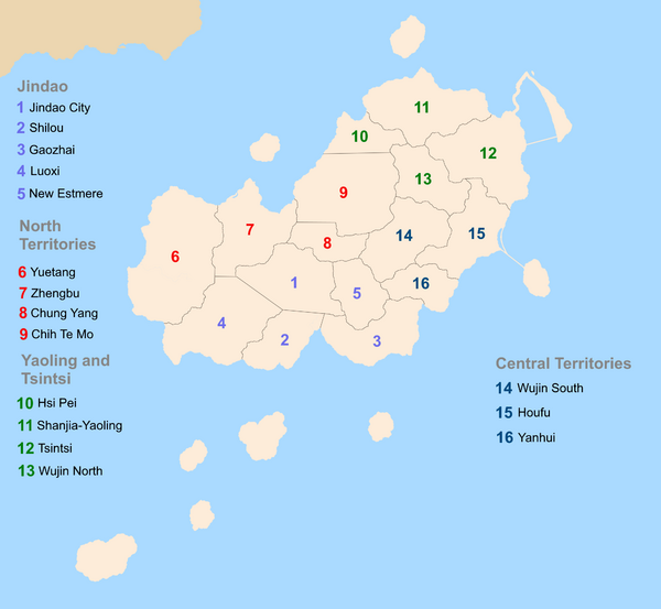 Provinces of Jindao labelled within Jindao, the Northern Territories, Yaoling and Tsintsi and the Central Territories