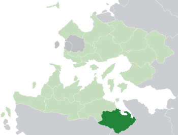 Location of Txekrikar (dark green) in the Trellinese Empire (light green)