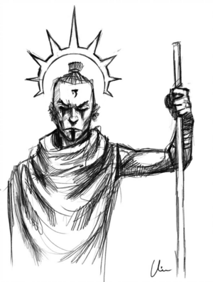 A stylised image of Saint Rholosh, with a halo above his head, grasping a staff
